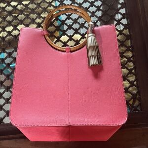 Women's Pink Tote with Bamboo Circle Handles and Tassel